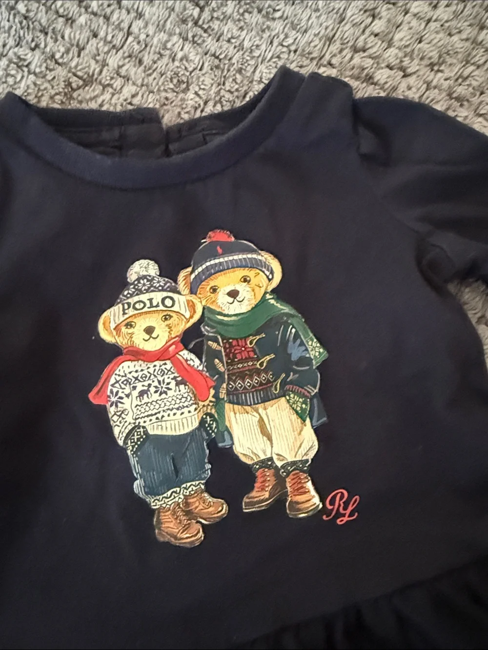 Polo Ralph Lauren Navy Bear Graphic Ruffle Hem peplum Top Size 3 months